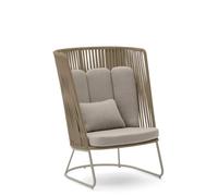 Fauteuil d'extérieur Saconca à dossier haut en corde beige et acier galvanisé