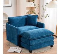 Fauteuil en chenille bleue avec pouf, double coussins et accoudoirs