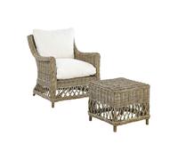 Beliani Fauteuil en Rotin Naturel pour Intérieur et Extérieur avec Repose-Pieds et Coussins Blanc-Cassé Ribolla