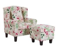 Fauteuil en tissu beige crème à motif floral avec repose-pieds HAMAR