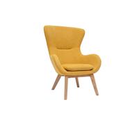 Fauteuil en tissu effet velours jaune moutarde et bois eskua