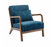Fauteuil en velours bleu pétrole. pieds bois d'hévéa teinté noyer clair. 1 place droit fixe. pieds compas scandinave