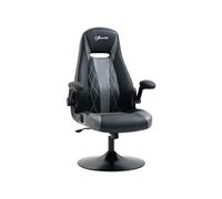 Fauteuil gaming base ronde métal pivotante 360° hauteur réglable fonction dossier bascule accoudoirs relevables PU gris noir