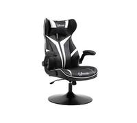 Fauteuil gaming base ronde métal pivotante 360° hauteur réglable tétière accoudoirs relevables PVC blanc noir