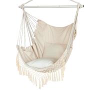 Fauteuil hamac suspendu, balançoire en corde avec 2 coussins, poche latérale en macramé et barre métallique haute résistance.