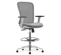 Fauteuil Haut de Bureau, Réglable en hauteur 64-88 cm avec repose-pieds, Accoudoirs réglables et Roulettes ou Pieds fixes, pour bureau haut, table à dessin, table haute, caisse, comptoir, Gris clair