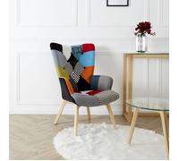 HOME DECO FACTORY, Fauteuil Style Scandinave pour Salon, Tissu Patchwork, Pieds Inclinés en Hévéa, Formes arrondies, Assise Moelleuse, Capitonné, Dossier Haut, Orange, 66x99,5x72 cm