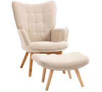 Fauteuil - HOMCOM - repose pied, dossier haut, pieds en bois - tissu aspect velours côtelé - pour salon chambre à coucher - beige