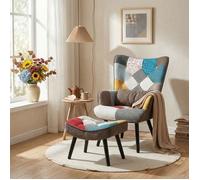 Fauteuil - HOMEMIYN - Patchwork Scandinave - Tissu en Lin - Multicolore - Pieds en Bois Massif