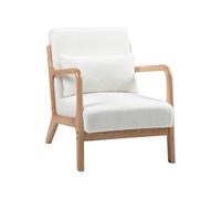 Fauteuil lounge - 3 coussins inclus - assise profonde - accoudoirs - structure bois hévéa - effet laine bouclée blanc