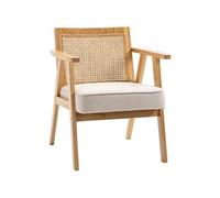 Fauteuil lounge avec coussin - dossier en cannage - assise profonde - accoudoirs - structure bois hévéa - aspect lin beige Beige G