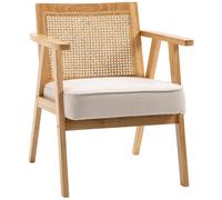 Fauteuil Lounge Avec Coussin - Dossier En Cannage - Assise Profonde - Accoudoirs - Structure Bois Hévéa - Aspect Lin Beige Beige