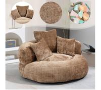 Fauteuil lounge compressé 1 place en chenille café, dossier haut avec accoudoirs et 3 coussins, 108 x 108 x 52 cm