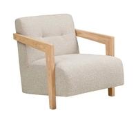 Fauteuil lounge vintage en tissu bouclette beige et accoudoirs en bois - FERNAND