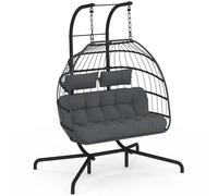 Fauteuil ?uf Suspendu Ajouré 2 Places Effet Rotin Gris Avec Coussin Gris