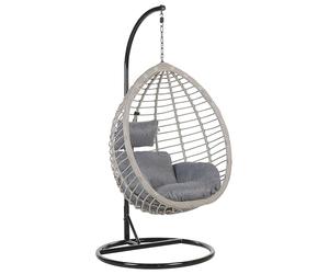 Fauteuil Oeuf Suspendu Design en Rotin Gris avec Support en Acier Noir et Coussin Idéal pour Salon ou Terrasse au Style Boho et Moderne Beliani