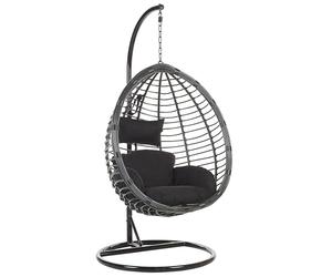 Fauteuil Oeuf Suspendu Design en Rotin Noir avec Support en Acier et Coussin Assorti Idéal pour Salon ou Terrasse au Style Boho et Moderne Beliani