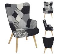 - Fauteuil en tissu patchwork pieds en bois brut Alta noir et blanc