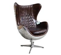 Fauteuil pivotant style aviateur en forme d'œuf - Fait à la main avec cuir marron vieilli et cadre rétro en aluminium