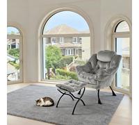 Fauteuil Relax Avec Pouf, Fauteuil De Salon Avec Accoudoirs, Poche Latérale & Repose-Pieds, Fauteuil Lounge, Fauteuil TV, Fauteuil Oreilles, Pour Salon, Chambre, Bureau, Gris, 72 x 80 x 93 cm