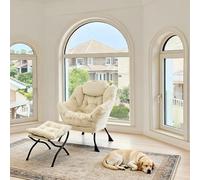 Fauteuil Relax Avec Pouf, Fauteuil De Salon Avec Accoudoirs, Poche Latérale & Repose-Pieds, Fauteuil Lounge, Fauteuil TV, Fauteuil Oreilles, Pour Salon, Chambre, Bureau, Beige, 72 x 80 x 93 cm