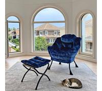 Fauteuil Relax Avec Pouf, Fauteuil De Salon Avec Accoudoirs, Poche Latérale & Repose-Pieds, Fauteuil Lounge, Fauteuil TV, Fauteuil Oreilles, Pour Salon, Chambre, Bureau, Bleu Foncé, 72 x 80 x 93 cm
