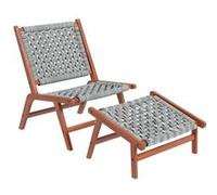 Outsunny Fauteuil de Jardin avec Repose-Pieds - Chaise Relax en Bois d'acacia et Corde résine tressée - Naturel, Gris