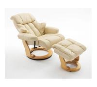 Fauteuil relax en cuir crème et naturel avec tabouret - 90 x 104 x 91 cm