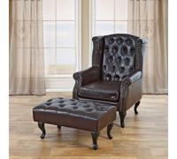 Fauteuil de relaxation Chesterfield, cuir synthétique ~ brun antique avec repose-pied