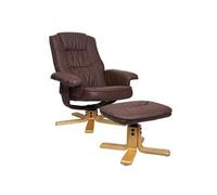 Fauteuil relax M56, Fauteuil TV avec pouf Ottomane, similicuir bois d'eucalyptus rouge-brun