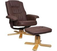 Fauteuil relax M56, Fauteuil TV avec pouf Ottomane, similicuir bois d'eucalyptus rouge-brun
