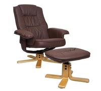 Fauteuil relax M56, Fauteuil TV avec pouf Ottomane, similicuir bois d'eucalyptus rouge-brun