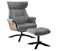 Fauteuil relax manuel pivotant + repose-pieds bois et tissu gris - NAKANO