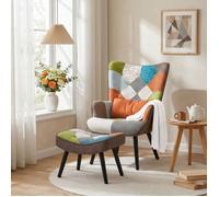 Fauteuil relax Patchwork avec Repose-pieds et Oreiller Lombaire - Fauteuil de Salon Scandinave en Lin - Orange