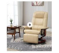 Fauteuil relax pivotant 360° en simili cuir crème avec repose-pieds manuel et base en bois