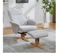 Fauteuil relax scandinave pivotant 360° avec repose-pieds, chenille grise, base en bois massif, dossier 145°