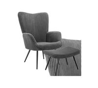 Chaise - TECTAKE - Fauteuil HYGGE en acier et polyester, aspect velours côtelé avec tabouret, 72 x 76 x 100,5 cm - Anthracite/Noir