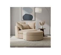 Fauteuil rond loveuse pivotante + coffre en tissu texturé beige