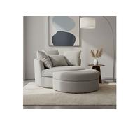 Fauteuil rond loveuse pivotante + coffre en tissu texturé gris