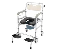 Fauteuil roulant de douche avec 4 roues verrouillables, repose-pieds, bras rabattables, hauteur réglable sur 3 niveaux, housse de siège de toilette amovible, capacité de 172 kg, chaise percée