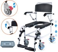 Fauteuil roulant de douche-toilettes avec 4 roues verrouillables, repose-pieds, bras relevables, hauteur réglable sur 3 niveaux, seau amovible de 5 litres, capacité de 158,8 kg, fauteuil de toilette