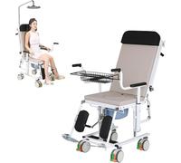 Fauteuil Roulant Patients Fauteuil de transfert lève-personne 4 en 1, douche roulante, hauteur réglable, douche à plat avec chaise percée de chevet pour personnes handicapées et âgées
