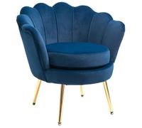 Fauteuil Design Coquillage Pieds Métal Doré Velours Bleu Foncé Bleu