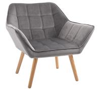 Fauteuil salon design scandinave - dossier accoudoirs enveloppant - piètement bois hévéa velours effet capitonné gris