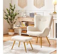 Fauteuil Scandinave à Oreilles avec Tabouret en Tissu Bouclette Fauteuil de Salon et Télévision 67,5 × 70 × 97,5 cm Blanc YAHEETECH
