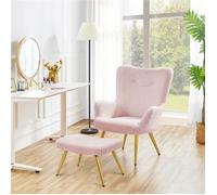 Fauteuil Scandinave à Oreilles avec Tabouret en Tissu Bouclette Fauteuil de Salon et Télévision 67,5 × 70 × 97,5 cm Rose YAHEETECH