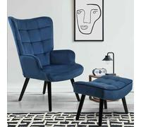 Fauteuil Scandinave Ania Avec Repose Pieds Velours Bleu Bleu