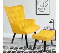 Fauteuil Scandinave Ania Avec Repose Pieds Velours Jaune Jaune