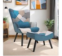 Fauteuil Scandinave de salon en Canvas Patchwork avec Pouf Intégré - Élégance et Confort