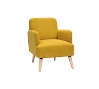 Fauteuil scandinave en tissu effet velours jaune moutarde et bois clair ISKO